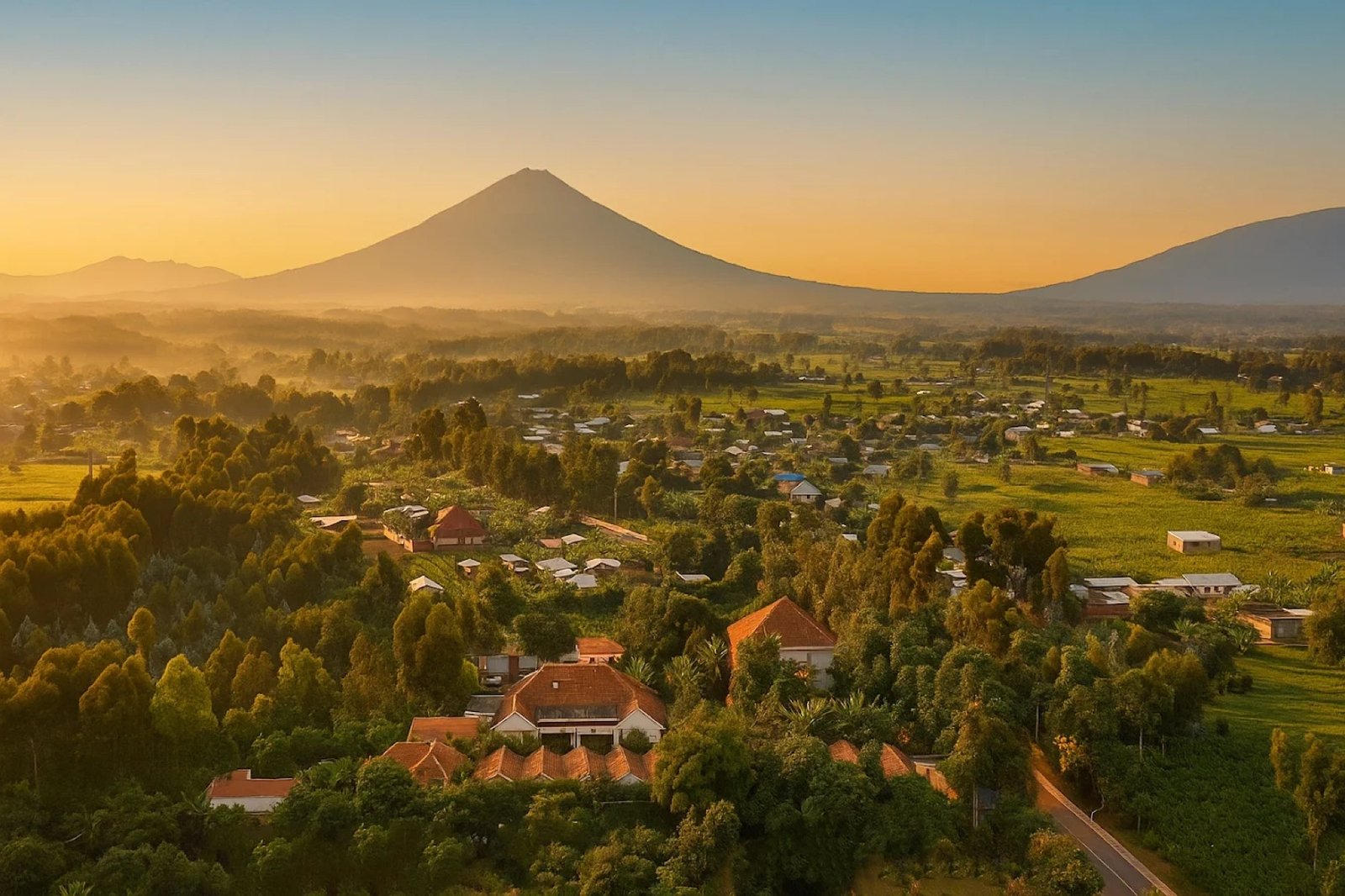 Aerial view of the Musanze area with a Virunga volcano at sunset, near Five Volcanoes Boutique Hotel